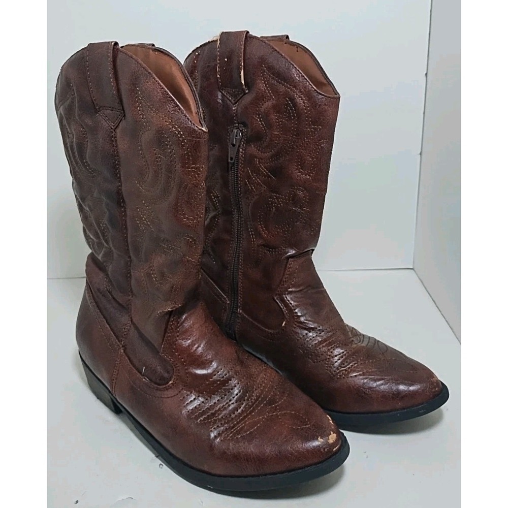 Brown Cowboy Boots Youth Size 6 Side Zip Stitched‎ Western Cowgirl Cherokee